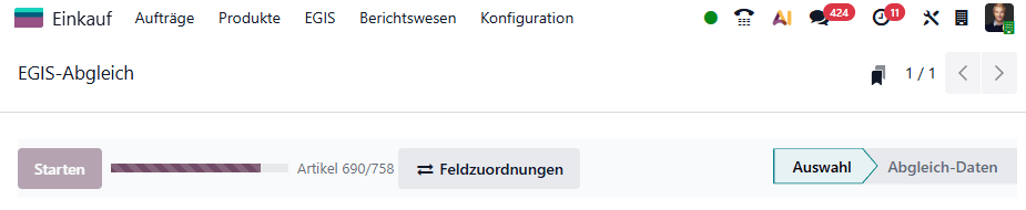 Der Kopf der Abgleich-Seite mit Fortschrittsbalken während des Abrufs