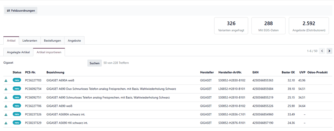 Katalogsuche mit Trefferliste, Status-Badges und Import-Button je Zeile
