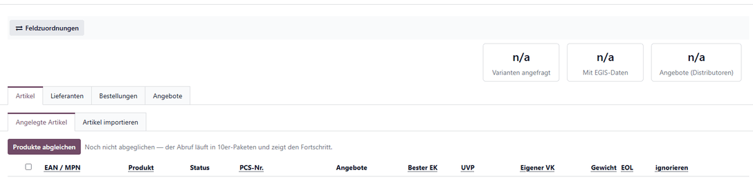 Die Abgleich-Seite direkt nach dem Öffnen: alle Reiter sichtbar, Kacheln auf n/a