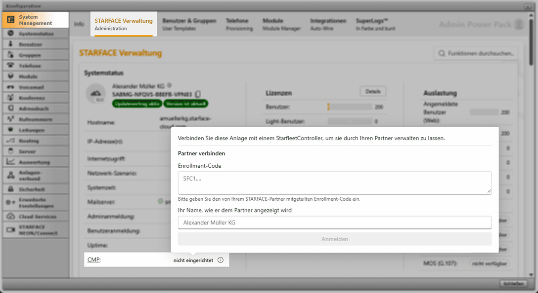 Admin Power Pack, STARFACE Verwaltung: Eingabe des Enrollment-Codes in der Zeile CMP