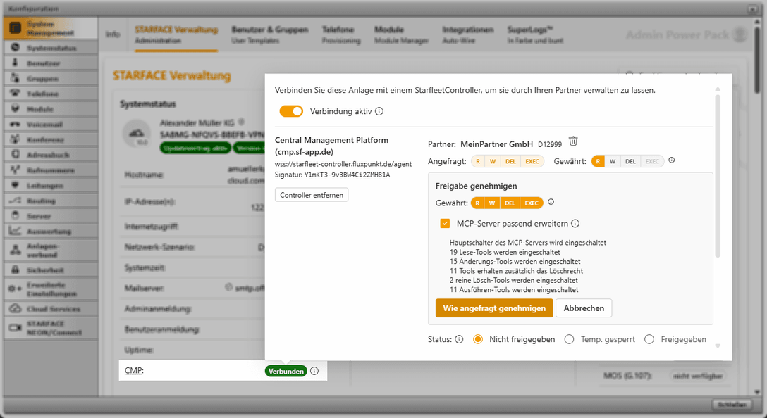 Freigabe genehmigen: gewährte Rechte, Option MCP-Server passend erweitern und Vorschau der eingeschalteten Werkzeuge