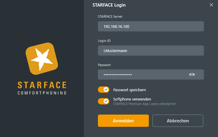 Anmeldebildschirm STARFACE App