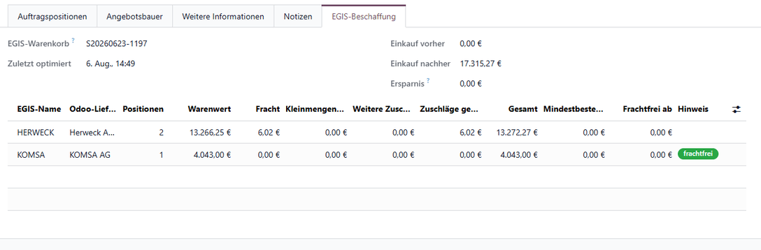Reiter EGIS-Beschaffung mit Distributor-Zusammenfassung, Warenwert, Fracht und Zuschlägen