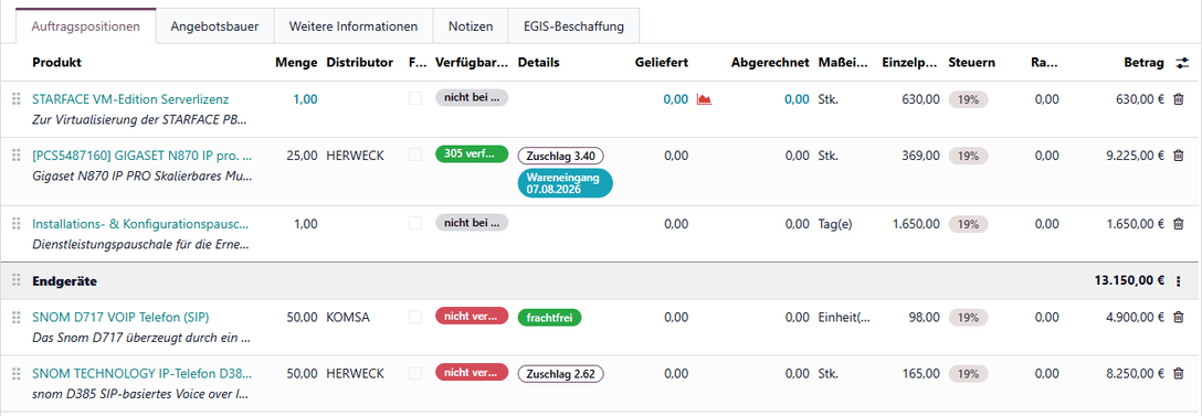 Auftragspositionen mit Distributor, Fixiert-Häkchen, Verfügbarkeits-Badges und Zuschlägen