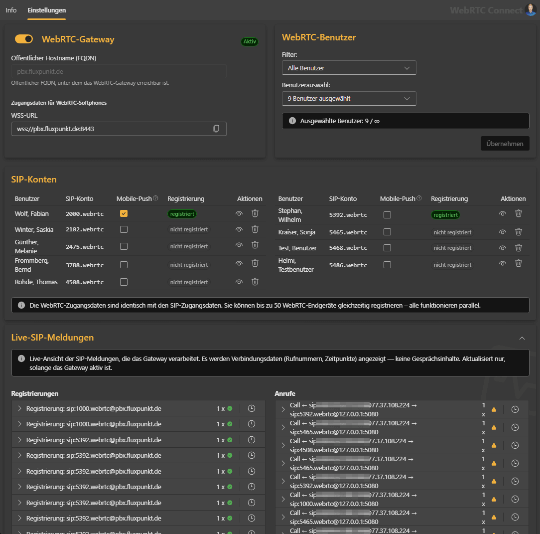Einstellungen von WebRTC Connect mit Gateway, Benutzerauswahl und Live-SIP-Meldungen