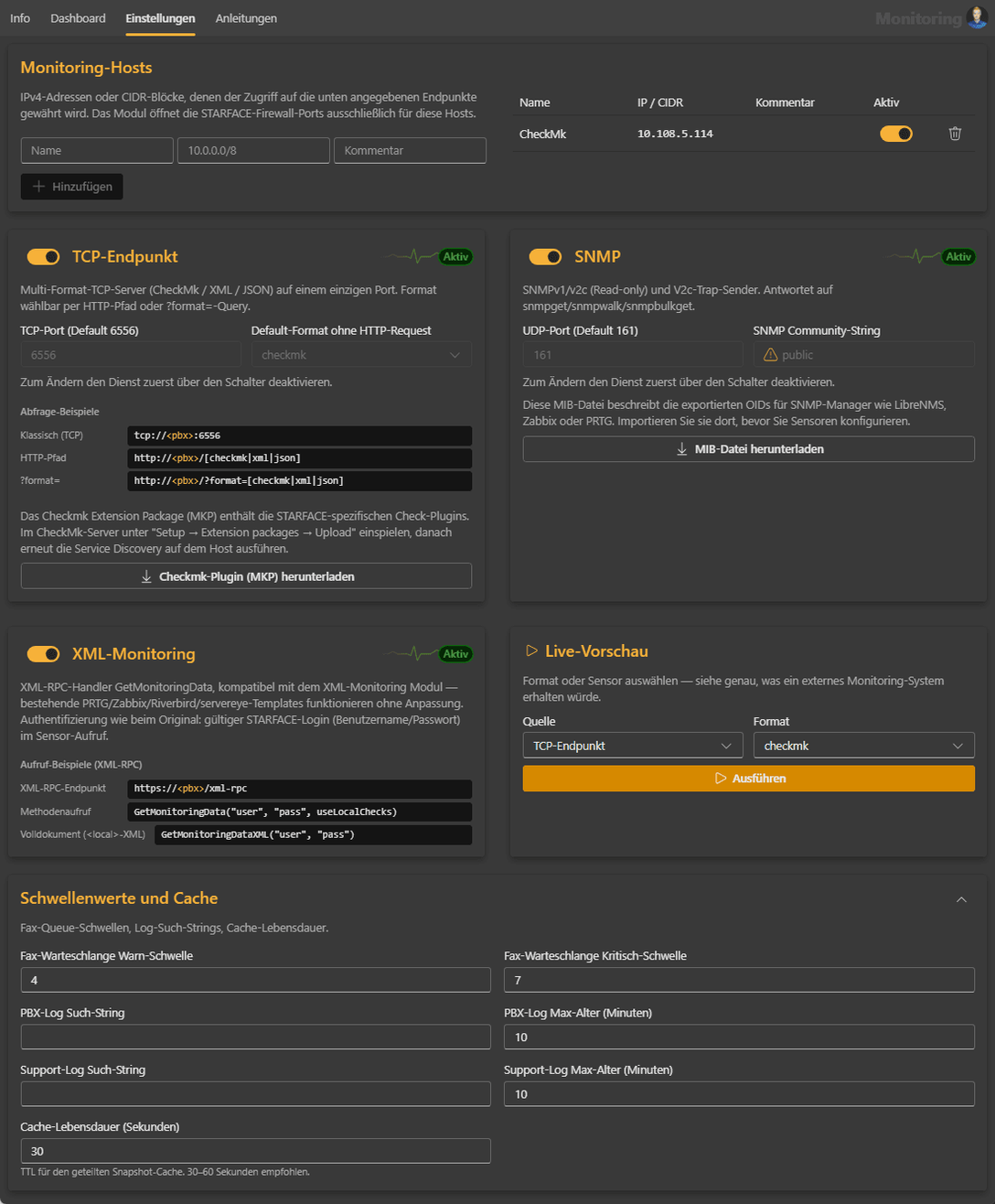 Einstellungen mit Monitoring-Hosts sowie den Kacheln TCP-Endpunkt, SNMP und XML-Monitoring