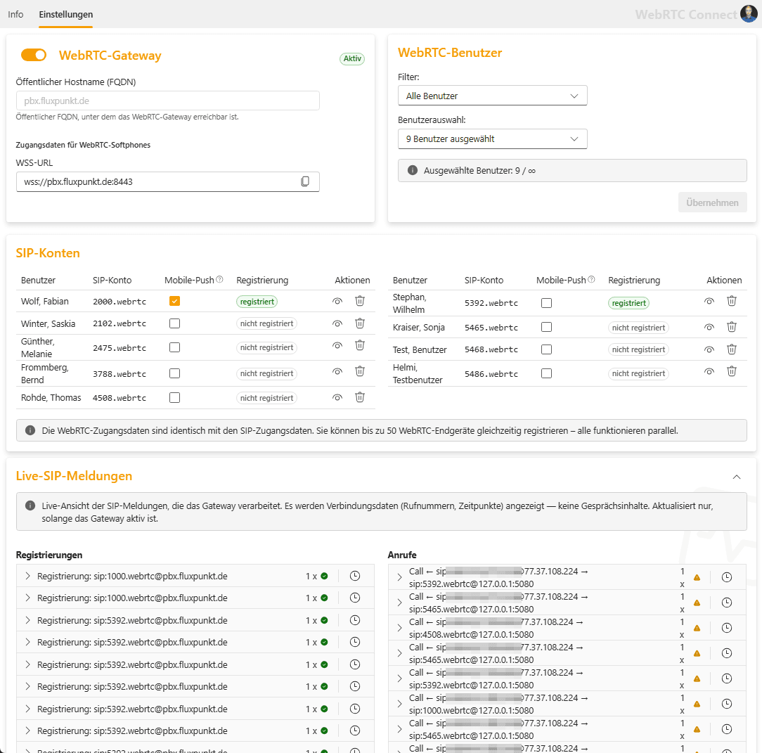 Einstellungen von WebRTC Connect mit Gateway, Benutzerauswahl und Live-SIP-Meldungen