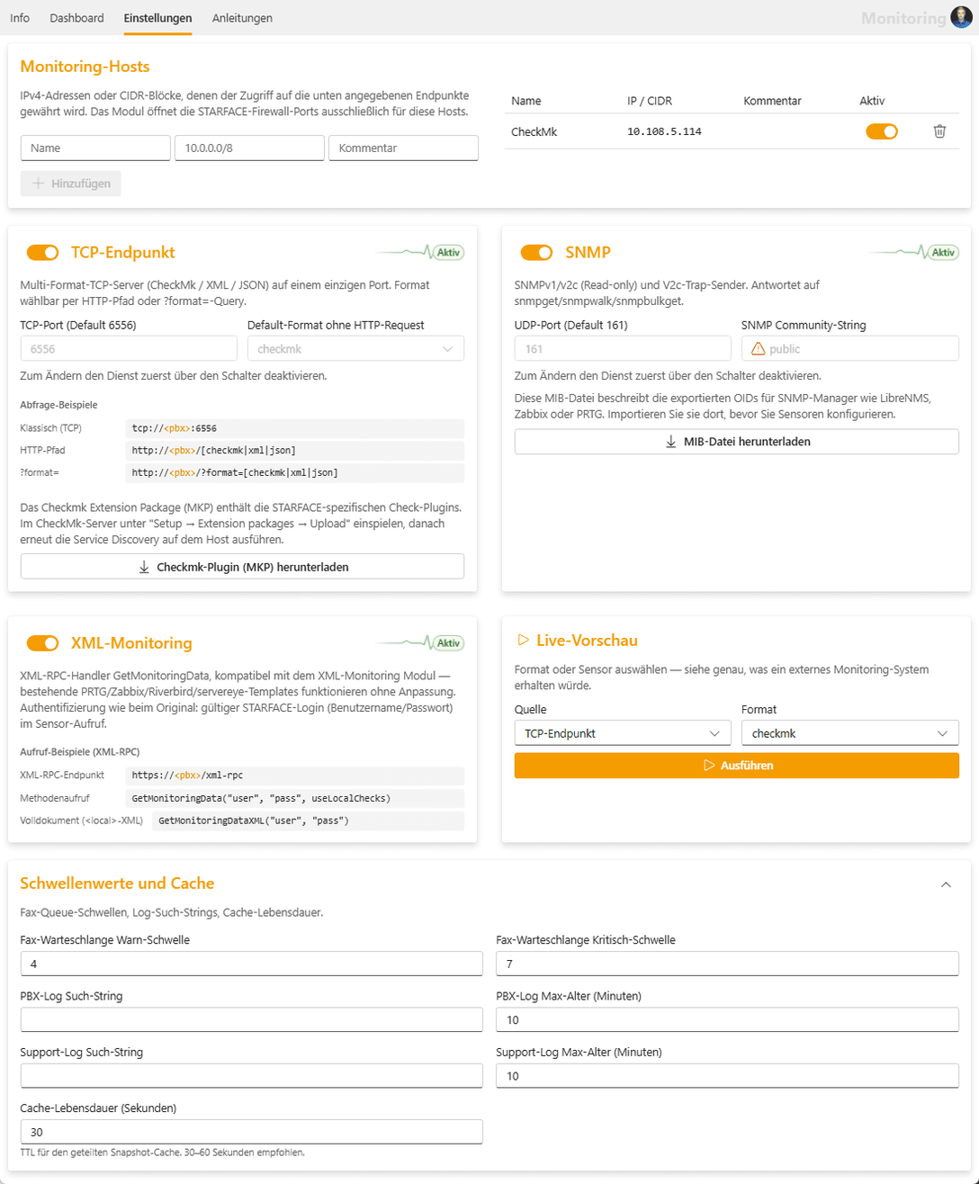 Einstellungen mit Monitoring-Hosts sowie den Kacheln TCP-Endpunkt, SNMP und XML-Monitoring