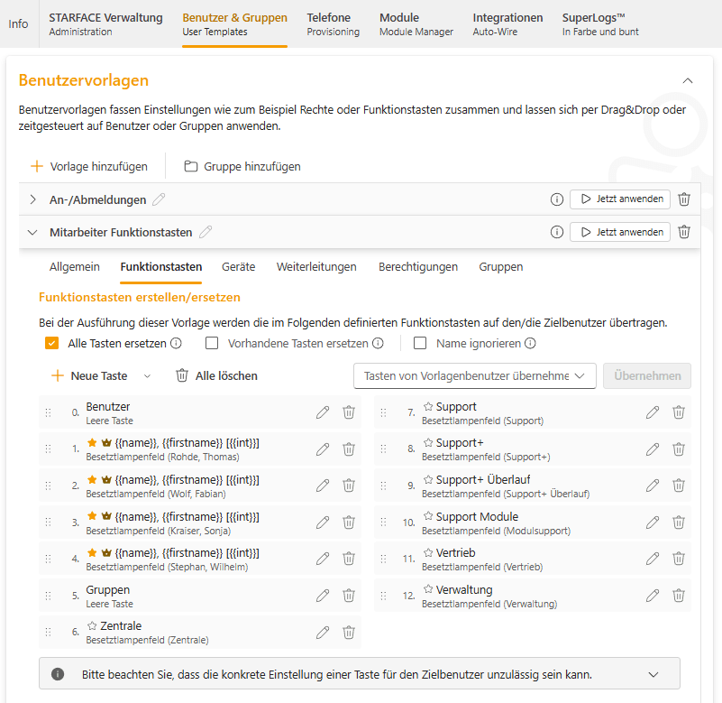 Funktionstasteneditor einer Benutzervorlage mit zweispaltiger Tastenliste; bei den Besetztlampenfeldern sind Stern und Krone gesetzt