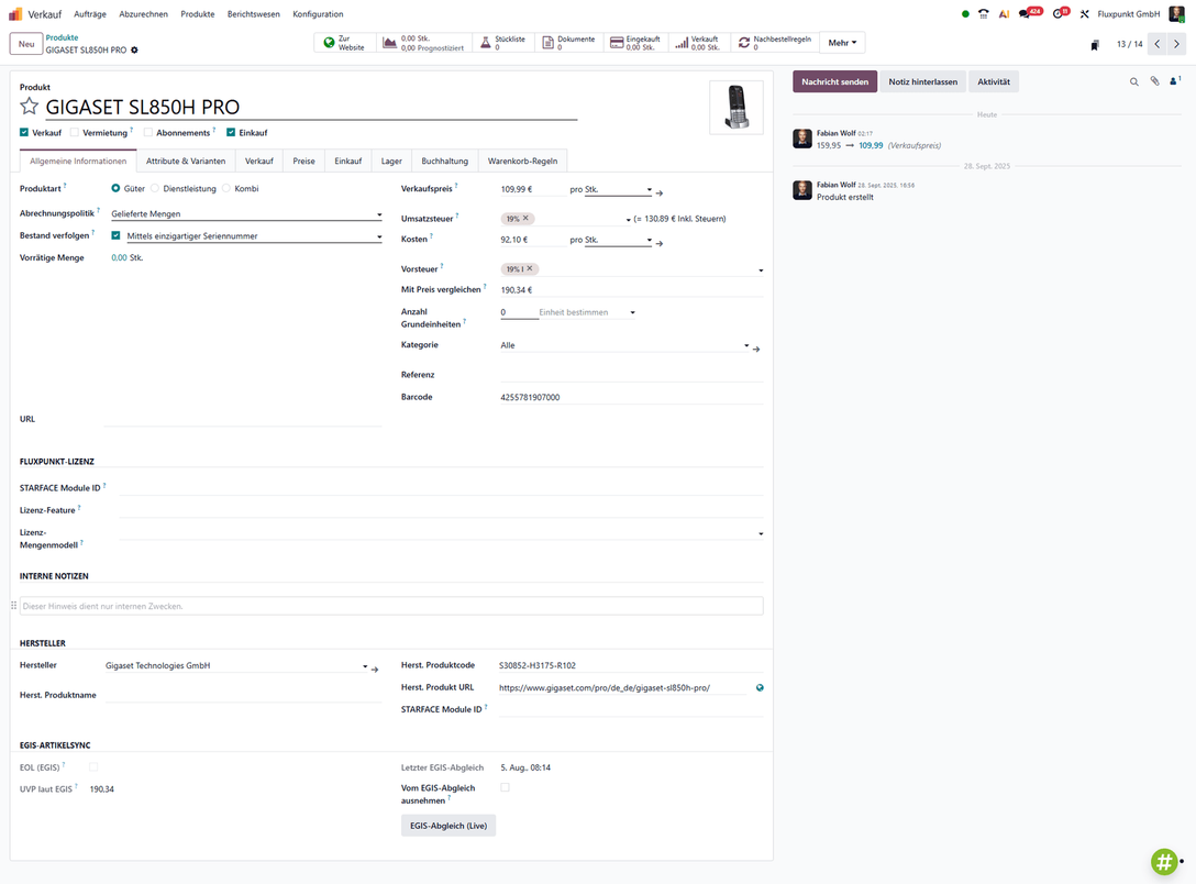 Die Gruppe EGIS-Artikelsync im Produktformular mit dem Statistik-Button EGIS-Preise