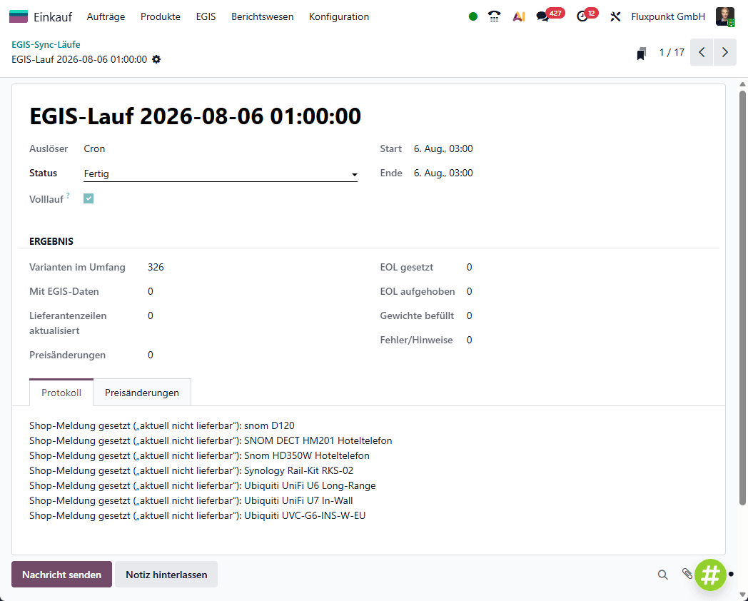 Ein Lauf-Datensatz mit Auslöser, Status, Zählern und Protokoll